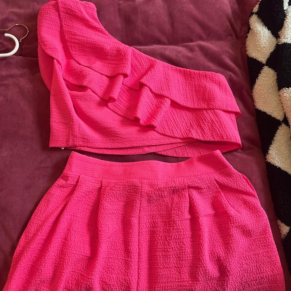 Vibrant Pink One-Shoulder Top and Short Set